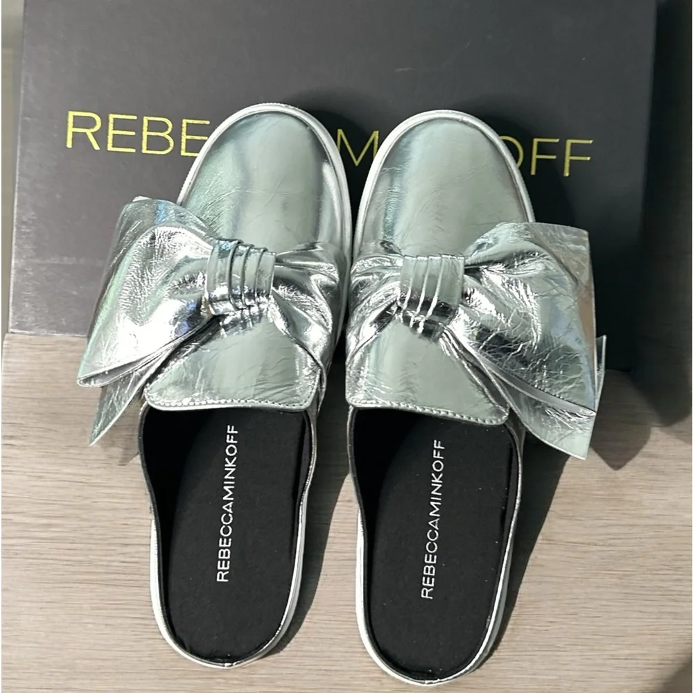 Rebecca Minkoff Neva Mule Sneaker Metallic Silver Leather Platform Size 6